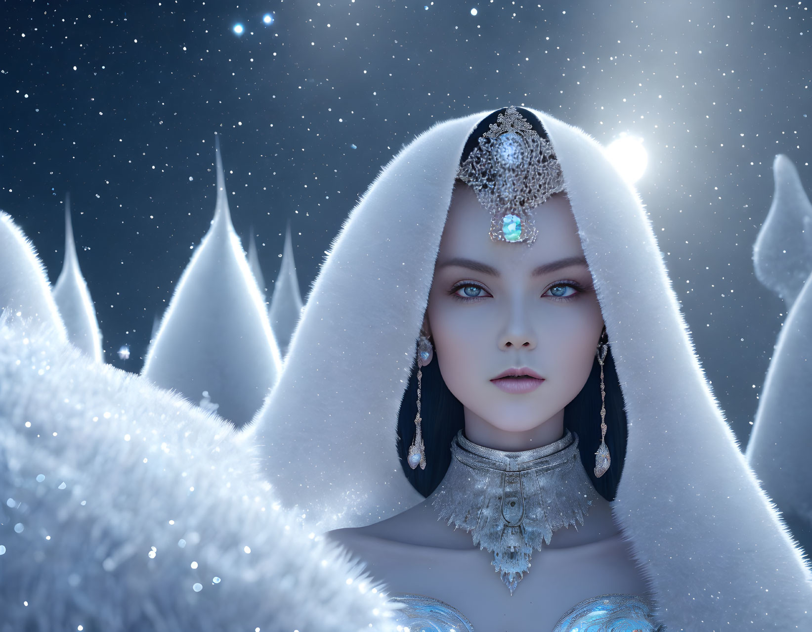 Mystical woman with blue eyes in snowy mountain landscape