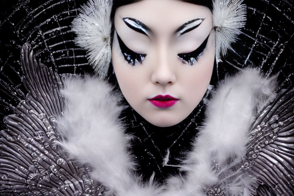 Dramatic black and white makeup with feathered costume for avant-garde look