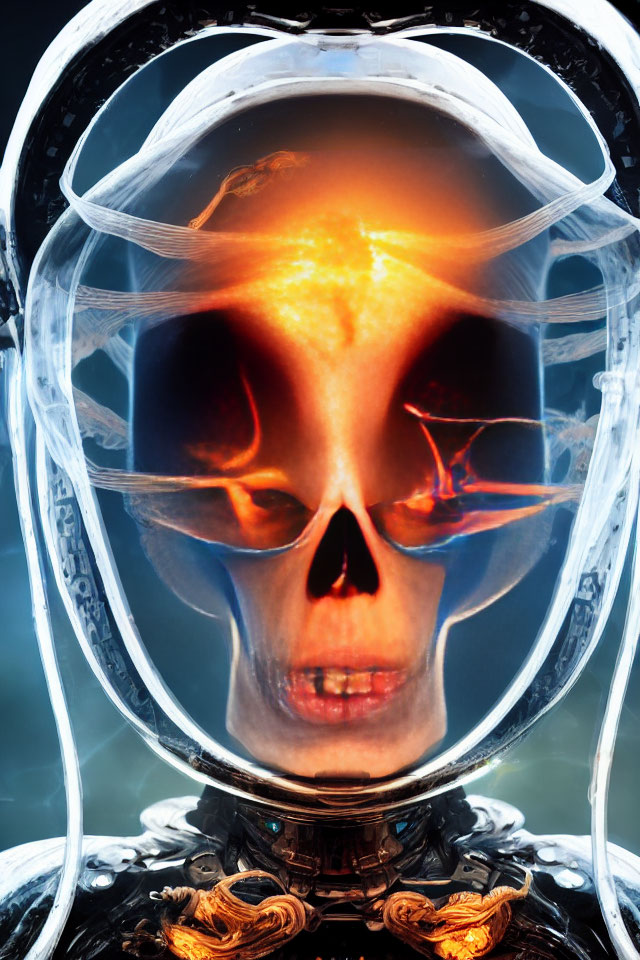 Digital Artwork: Humanoid Figure with Translucent Head and Fiery Skull, Blurred Background