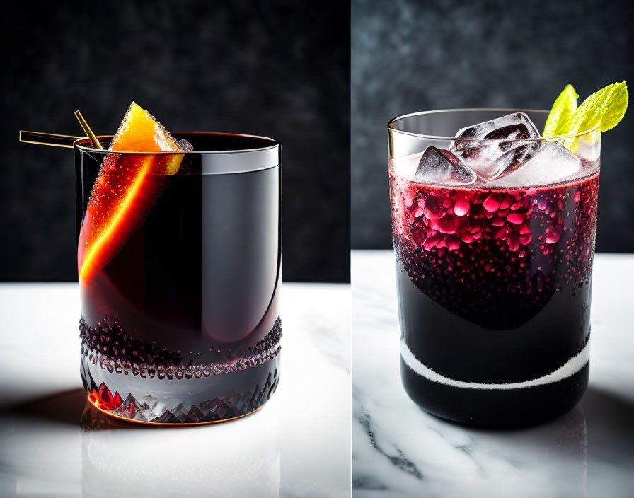 Dark-colored cocktails with ice, garnished with orange and mint, on marble surface