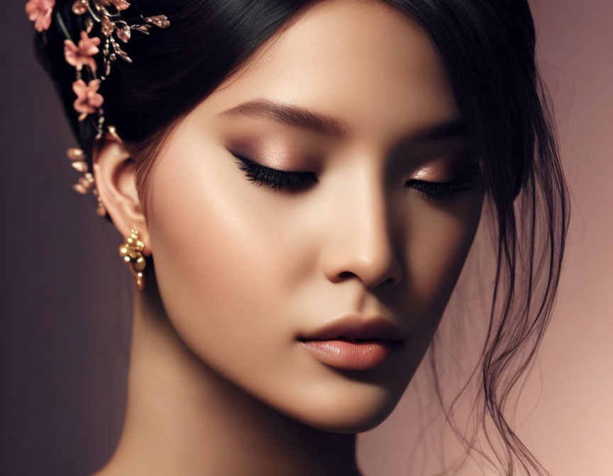 Woman with subtle makeup and floral hair accessories gazing down.