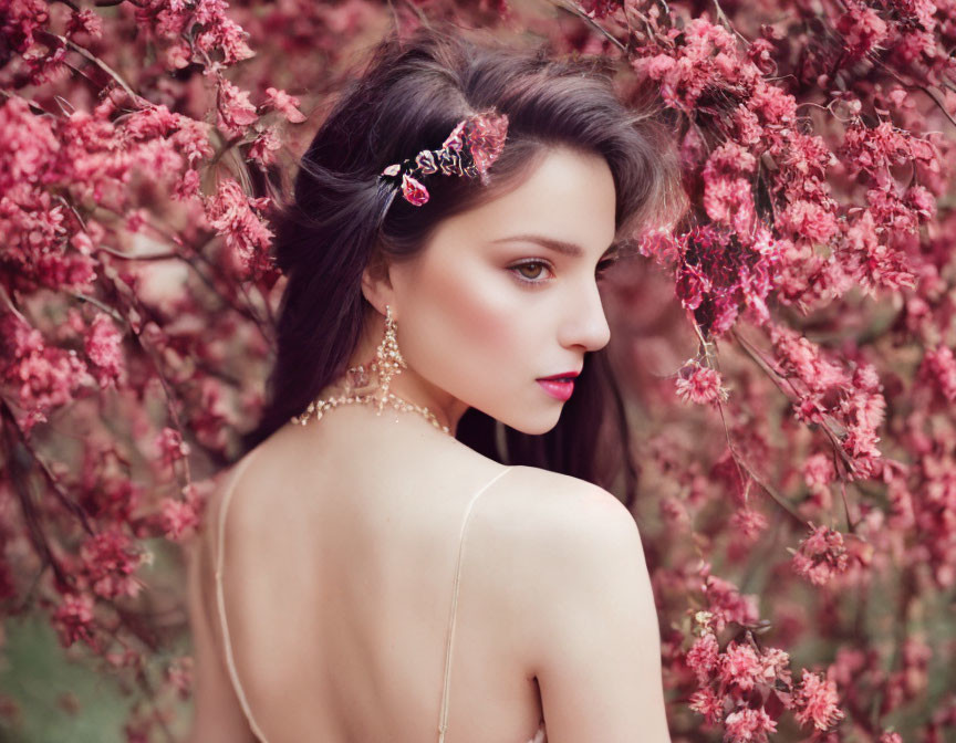 Woman with bare back, earrings, floral hairpiece, and pink blossoms.