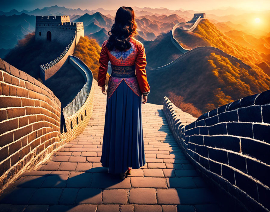 Traditional Attire Woman Watching Sunset at Great Wall