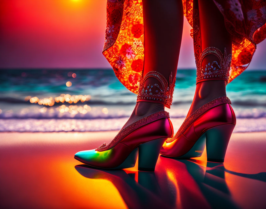 Person in embellished high heels and red garment on beach at sunset