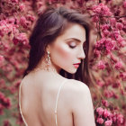 Woman with bare back, earrings, floral hairpiece, and pink blossoms.