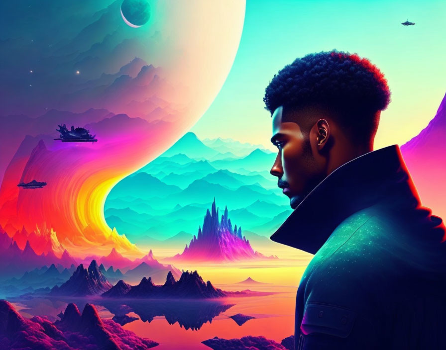 Man's profile against vibrant sci-fi landscape with mountains, spaceships, and ringed planet