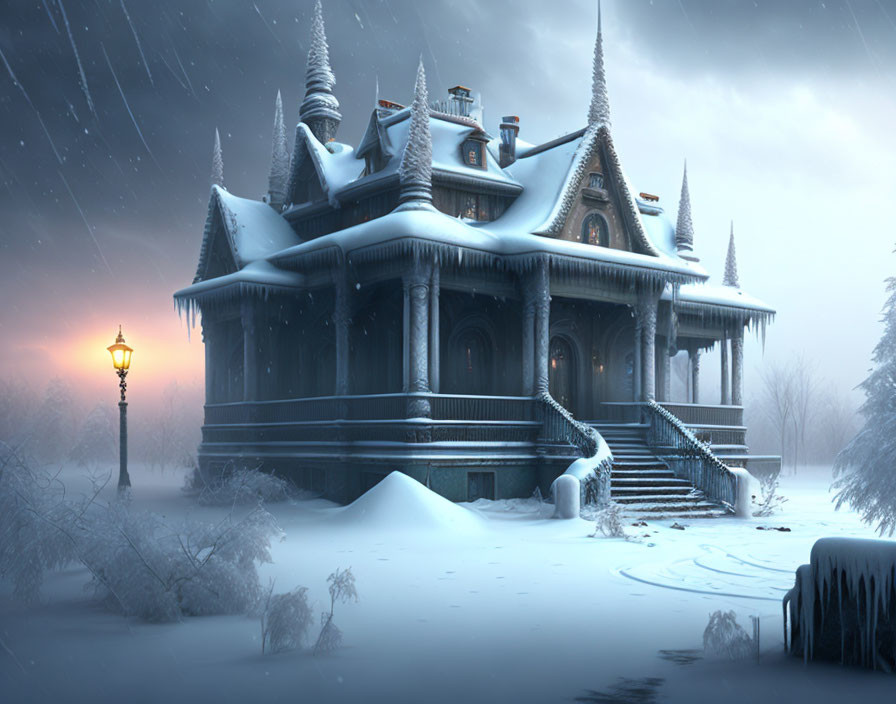 Snow-covered Victorian mansion at twilight with glowing streetlamp.