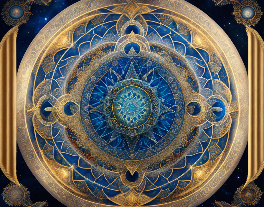 Intricate Blue and Gold Mandala on Starry Night Sky