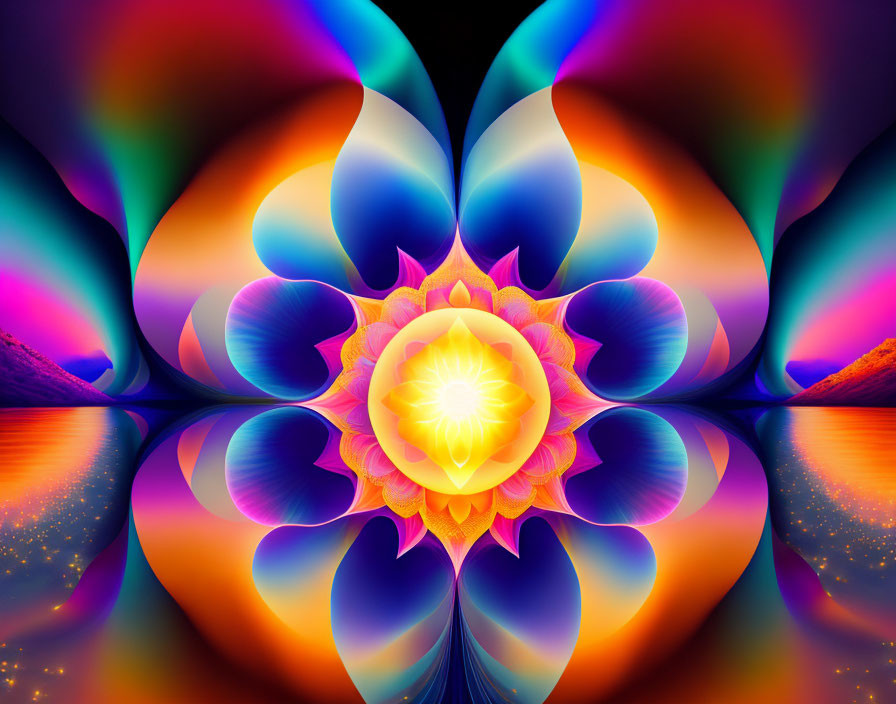 Symmetrical abstract art: Glowing flower surrounded by colorful shapes