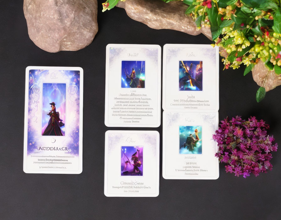 Mystical tarot cards on black surface with stones, flowers, and leaves