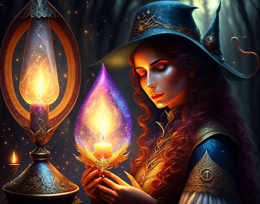 Medieval-themed woman with crystal flame in mystical forest setting