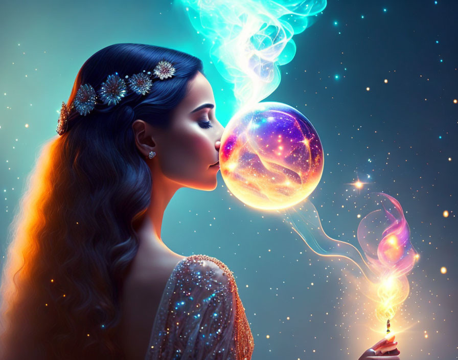 Woman with ornate hair accessories blowing luminescent bubble in mystical blue smoke against starry backdrop