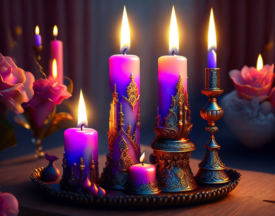 Pink and Purple Candlelit Roses on Wooden Surface