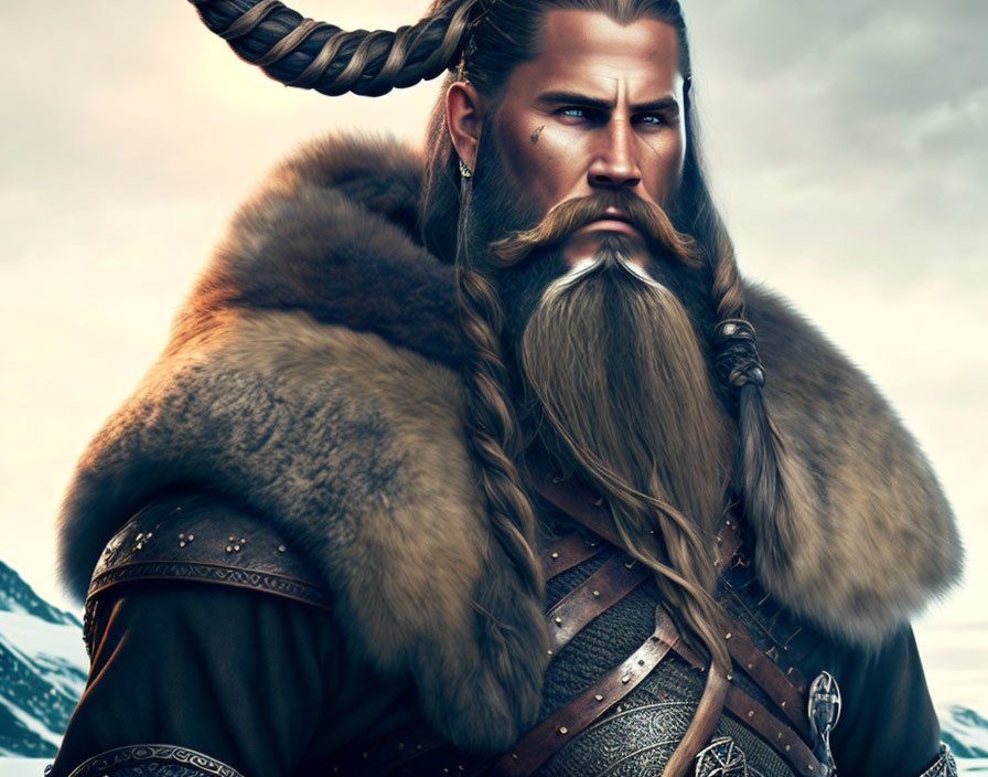 Illustration of stern Viking in fur and leather armor with braided beard, mountainous background