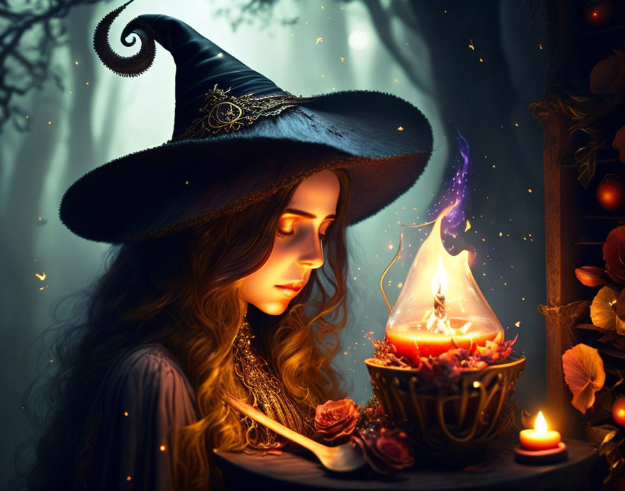 Mystical witch with glowing lamp in enchanted forest