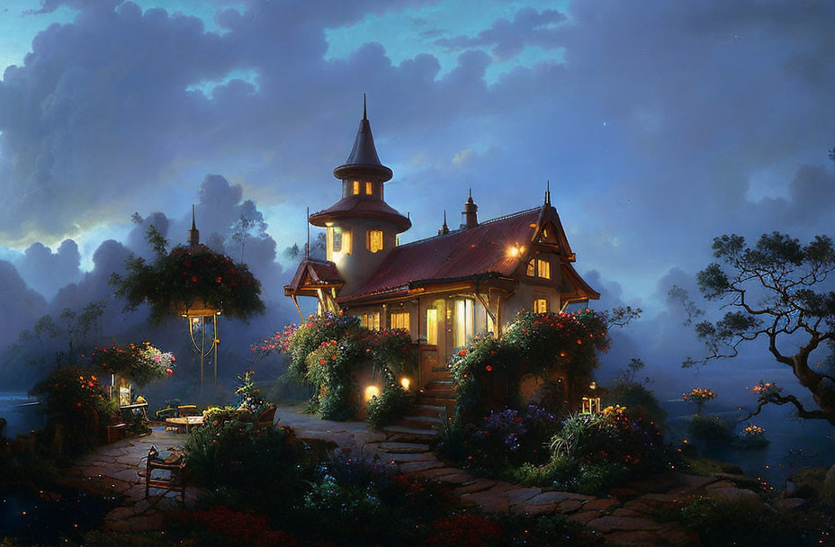 Cozy cottage with spire roof in twilight garden landscape