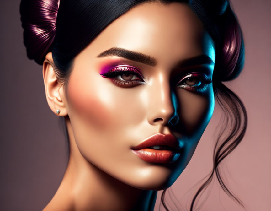 Bold Pink Eyeshadow Makeup on Woman with Contoured Cheeks