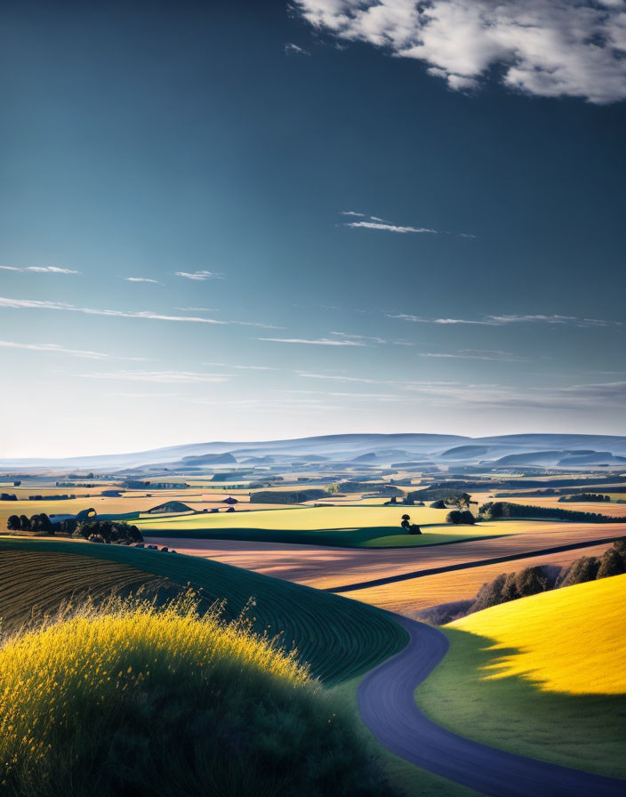 Scenic view of rolling hills and patchwork fields under a clear blue sky