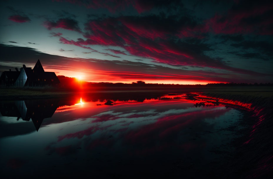 Vivid Sunset with Red and Pink Skies Reflecting in Calm Waters