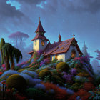 Cozy cottage with spire roof in twilight garden landscape