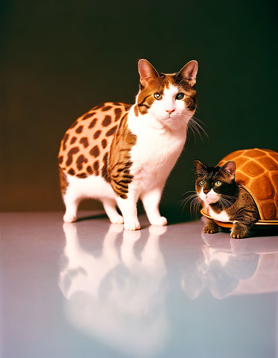 Two cats with leopard print and tortoise shell fur on reflective surface