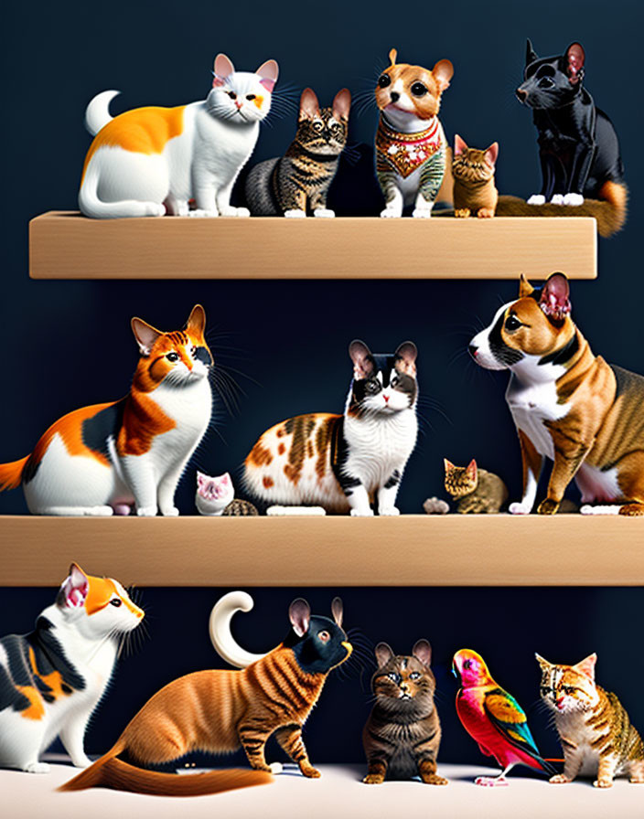 Nine Cats, Two Dogs, Mouse, and Birds on Wooden Shelves Against Dark Background