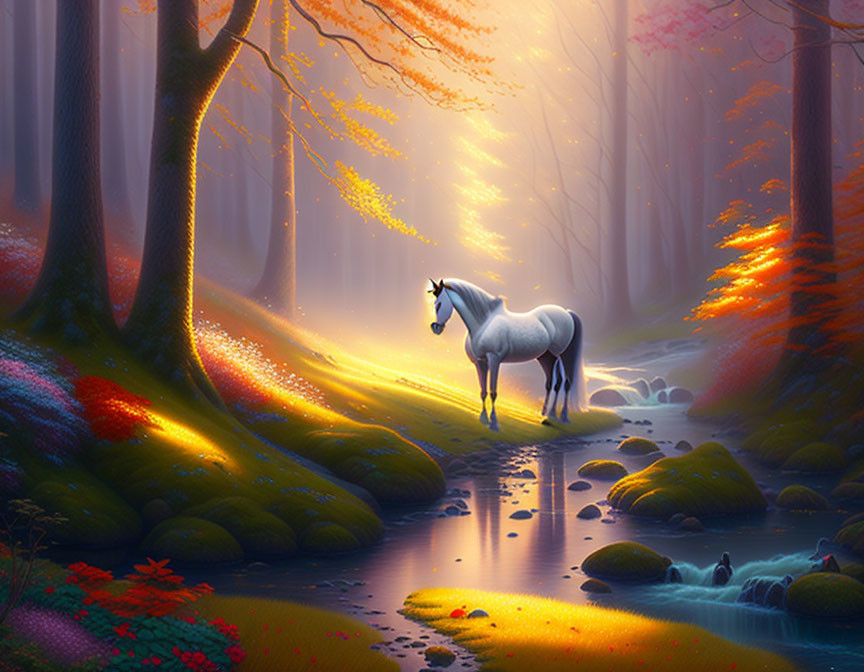 Fantasy forest scene with unicorn, stream, colorful trees, and blooming flowers