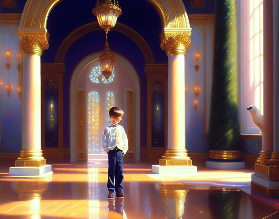 Young boy in grand hall gazes at dove on ornate pillars and arches