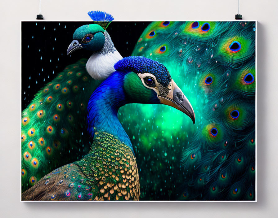 Colorful peacock painting with detailed head and blurred tail feathers.