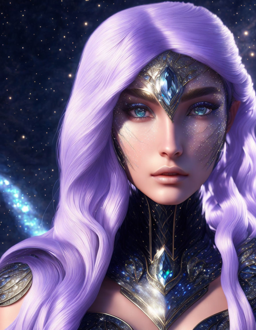 Female character with purple hair and blue gem tiara in mystical digital art