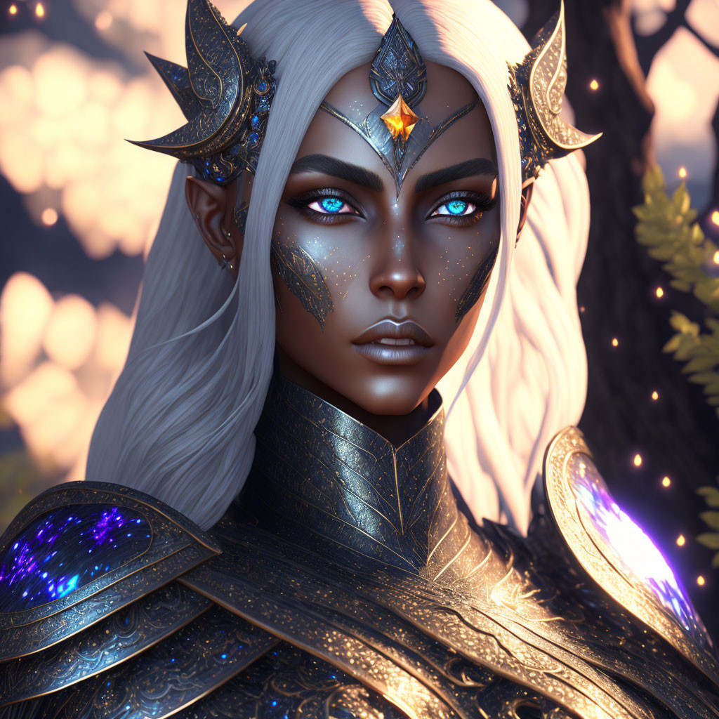 Fantasy elf with white hair in golden armor in enchanted forest