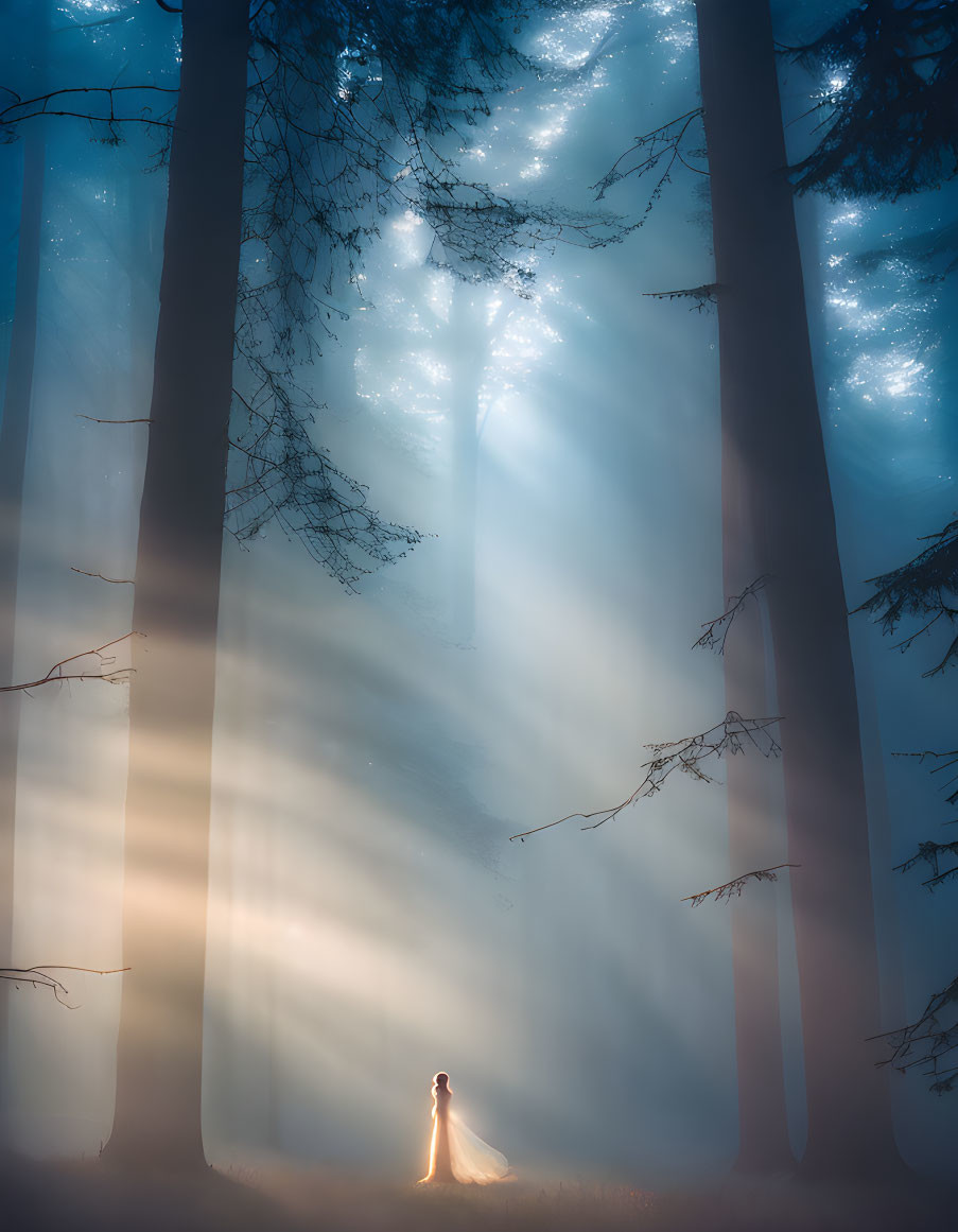 Silhouette in misty forest with sunbeams and towering trees