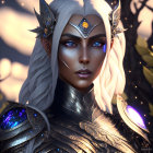 Fantasy elf with white hair in golden armor in enchanted forest