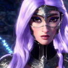 Female character with purple hair and blue gem tiara in mystical digital art