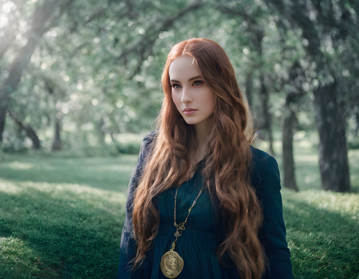 Woman with Long Red Hair in Blue Dress Standing in Lush Green Park