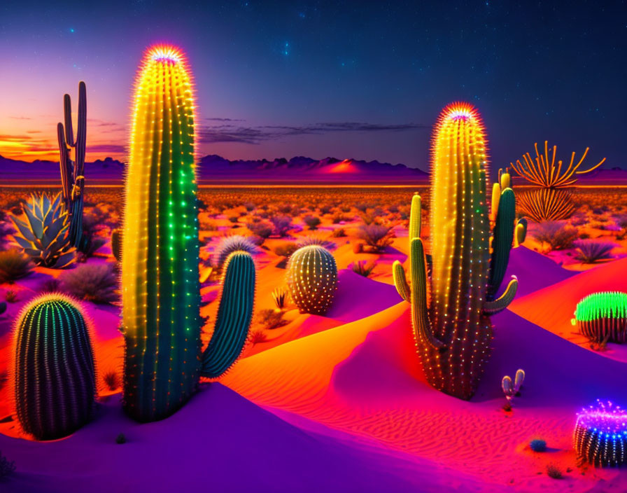 Various shapes and sizes of illuminated cacti in twilight desert landscape