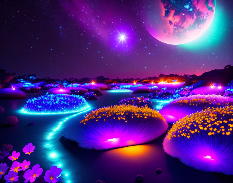 Colorful fantasy landscape: glowing flowers, illuminated pathways, large moon, starry sky