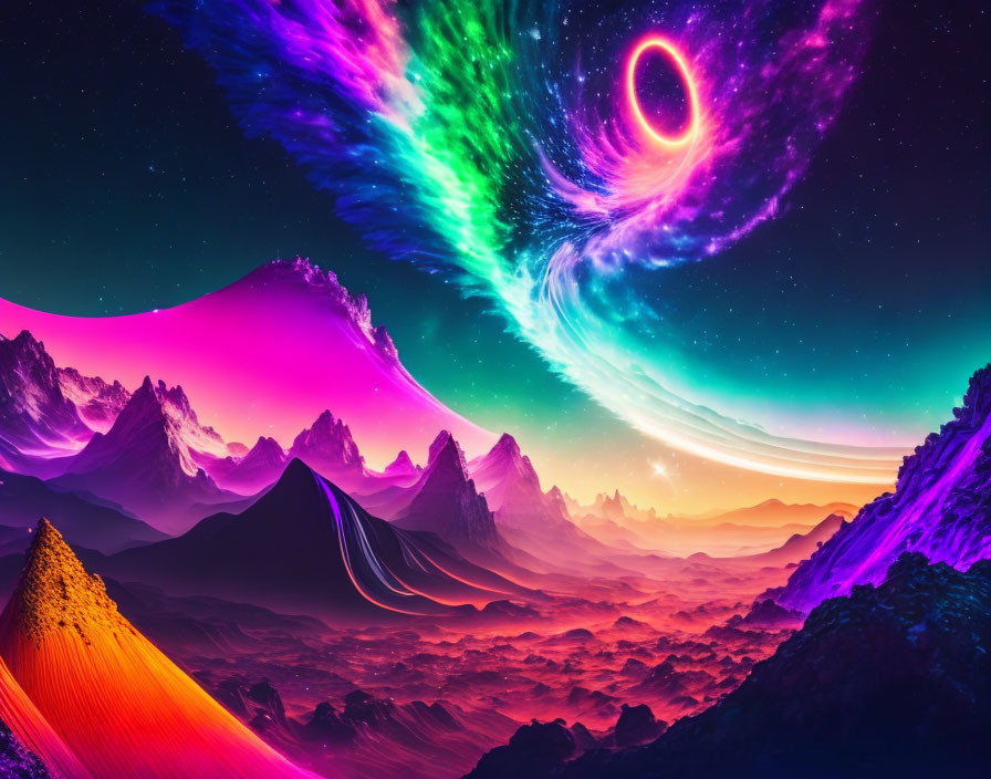 Neon-colored digital art of surreal space scene