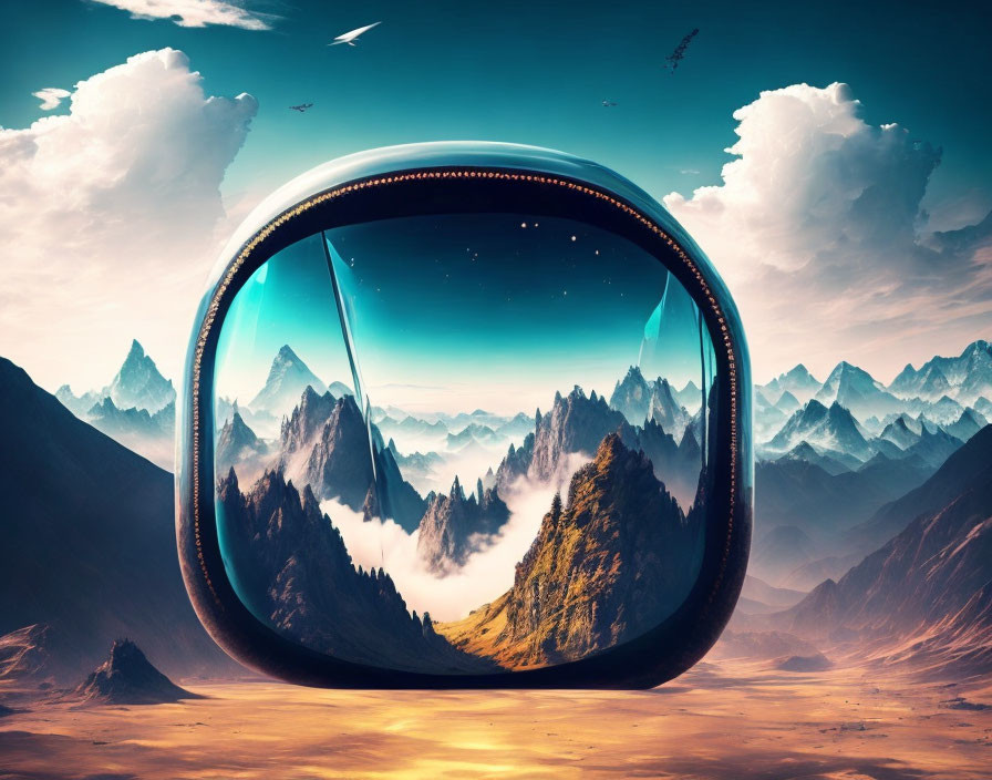 Futuristic circular viewport reveals surreal desert landscape