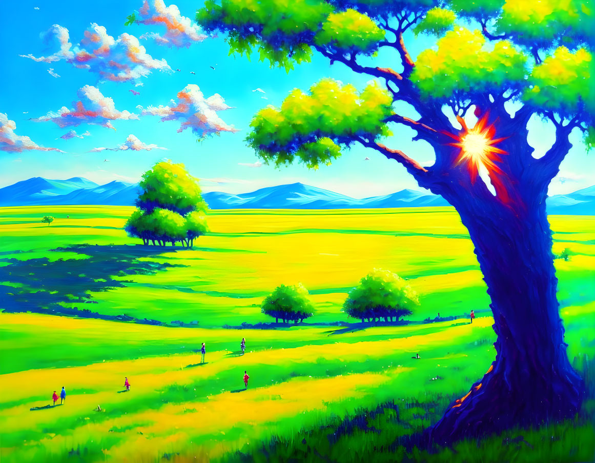 Scenic landscape with large tree, sunlit fields, mountains, and figures under blue sky