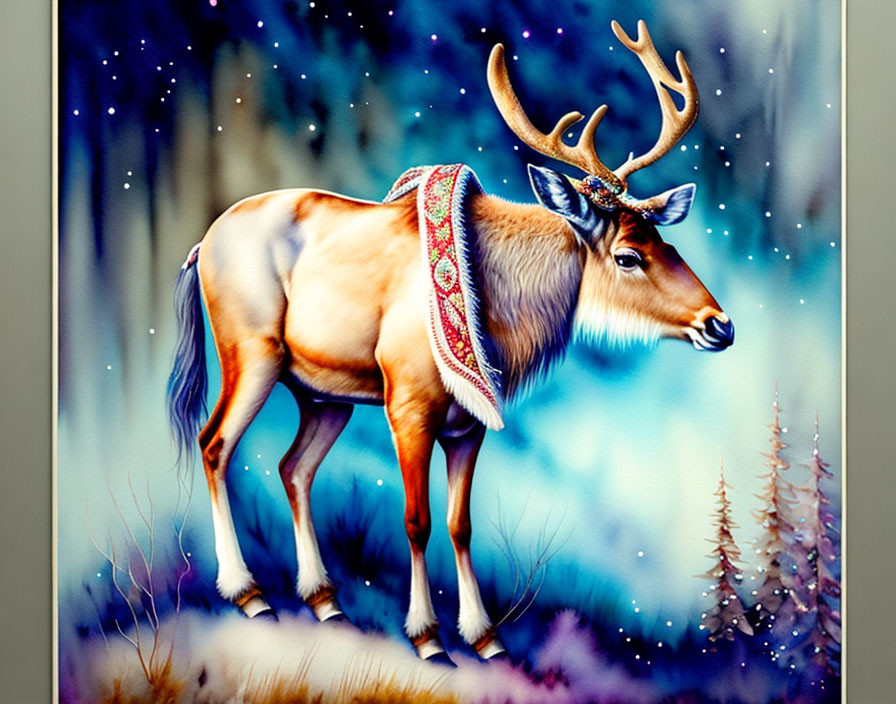 Colorful Blanket-Clad Reindeer in Winter Night Landscape