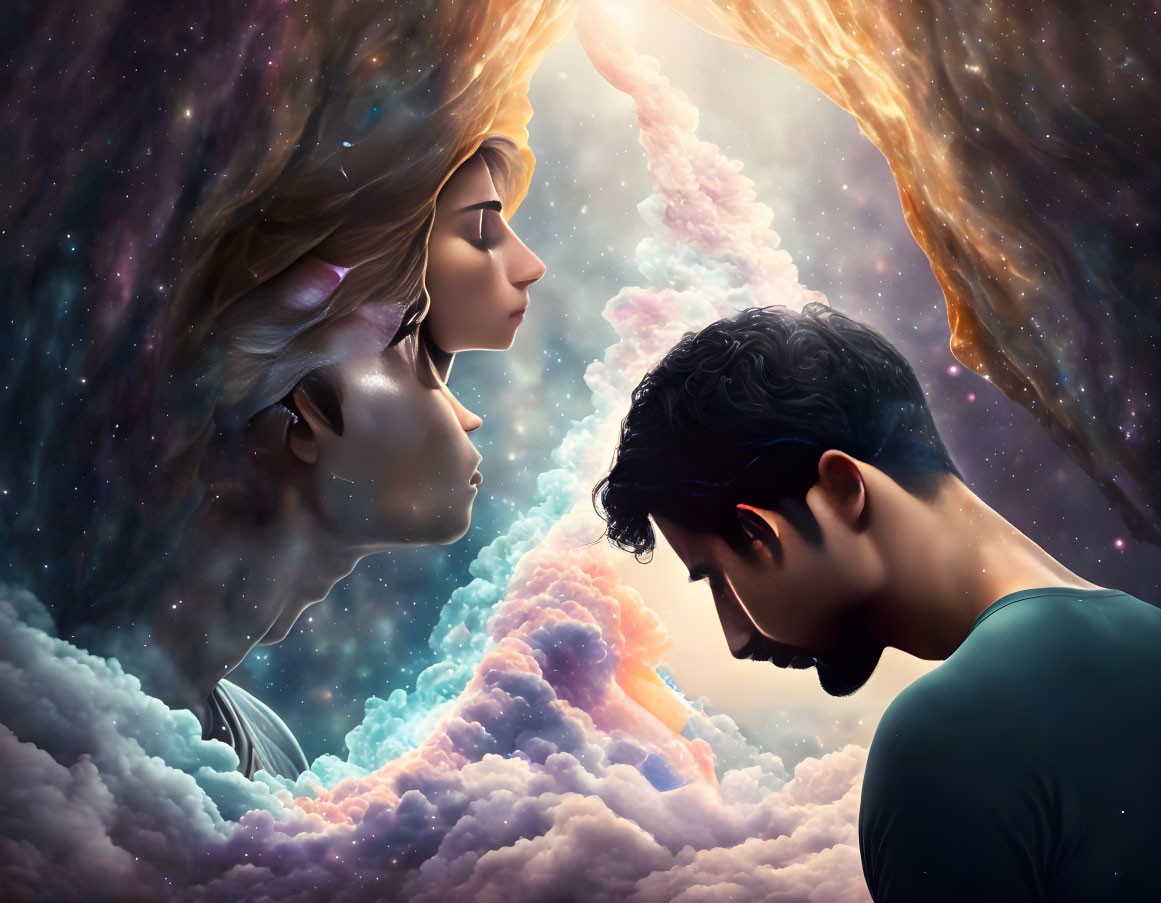 Man and cosmic female entity in celestial setting.