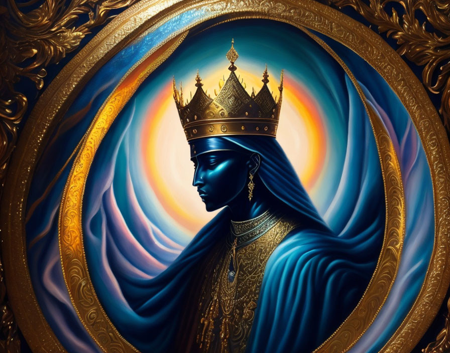 Blue-skinned figure with golden crown in ornate frame against swirling blue and gold backdrop