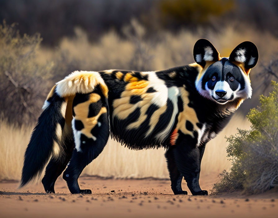 Surreal animal with panda head and wild cat-like patterns on savanna backdrop