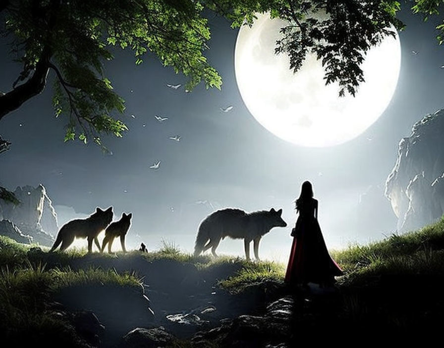 Silhouette of woman with wolves under full moon in mystical landscape