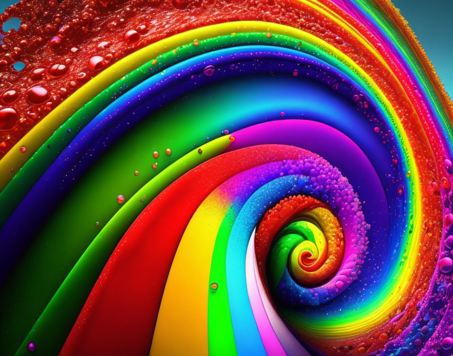 Colorful Digital Artwork Featuring Rainbow Swirls and Water Droplets