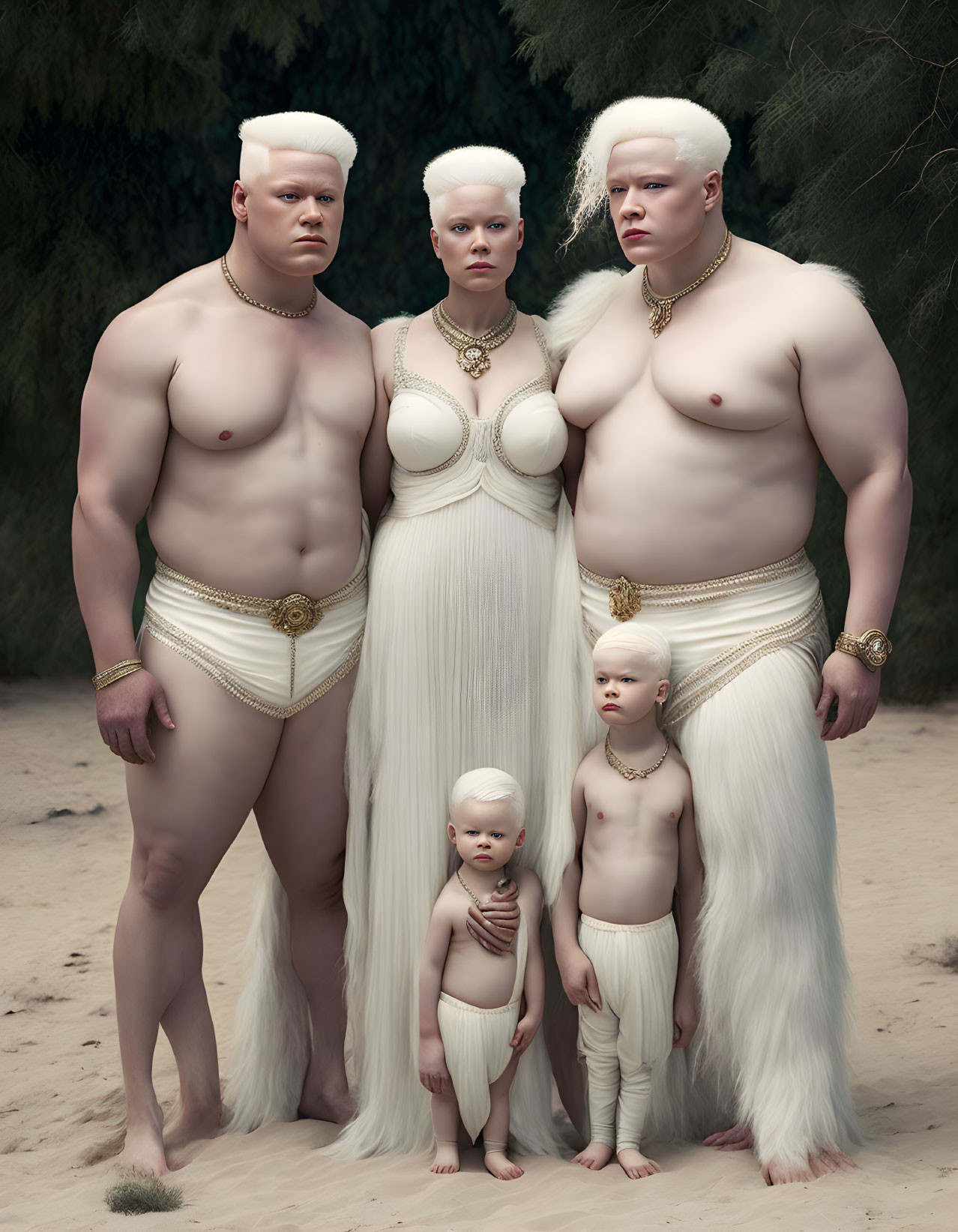 Stylized portrait of albinistic family in white and gold attire