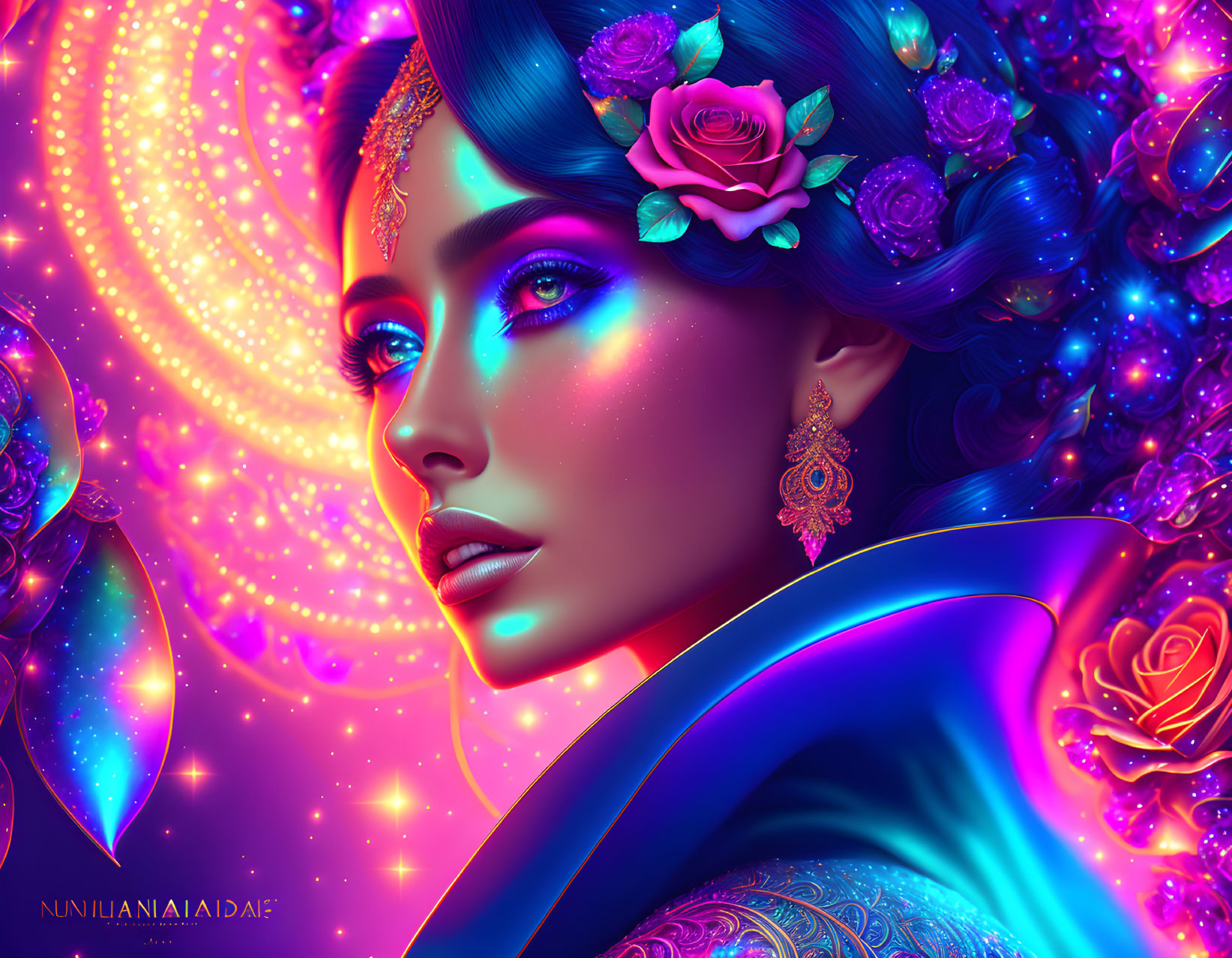 Blue-skinned woman with rose-adorned hair in cosmic fantasy setting