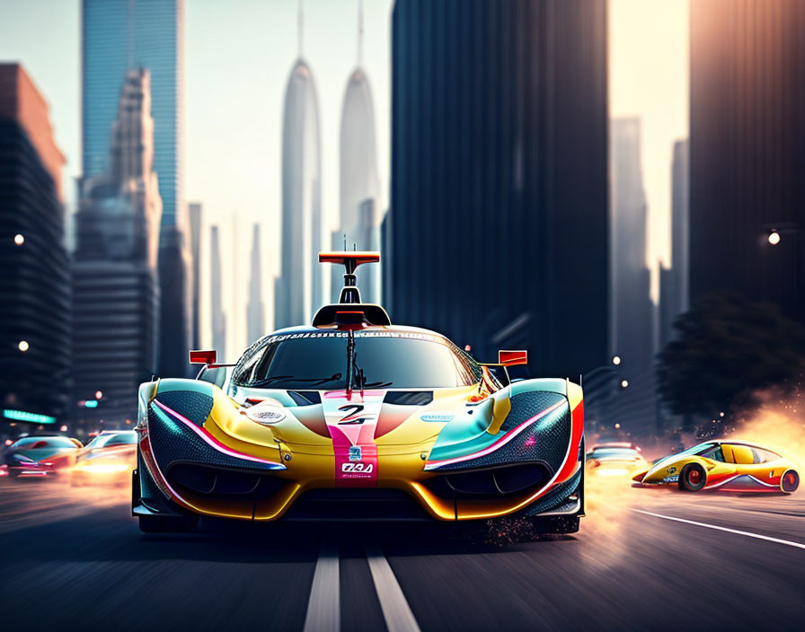 Luxury Racing Car Speeding in Urban Twilight Scene