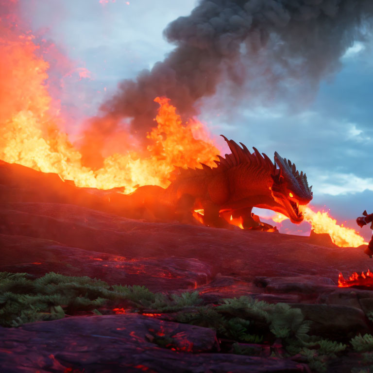 Fiery multi-headed dragon emerging from flames and smoke against dusky sky